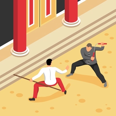 Isometric martial arts kung fu composition with outdoor view of oriental battle with stick and nunchucks vector illustration