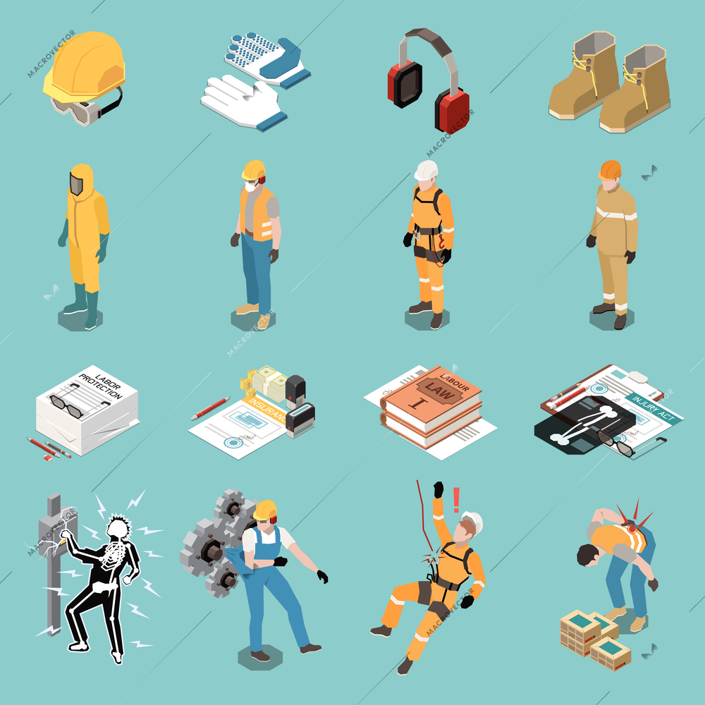 Isometric workplace safety set with personal protective equipment workers documents accidents at work isolated on color background 3d vector illustration