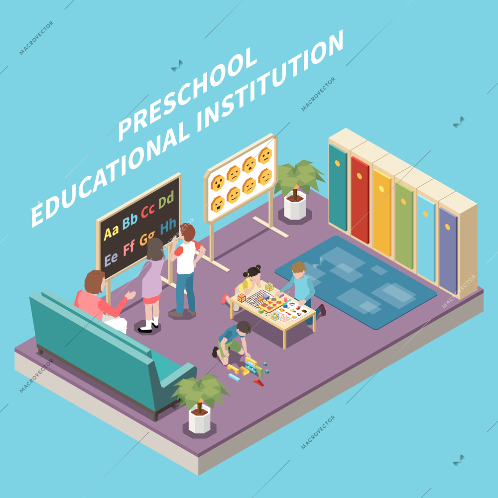 Little children learning and developing skills in classroom at preschool educational institution 3d isometric vector illustration