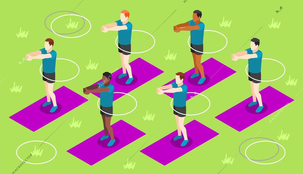 Fitness outdoors isometric background with group of men twisting hula hoop at waist  on lawn vector illustration