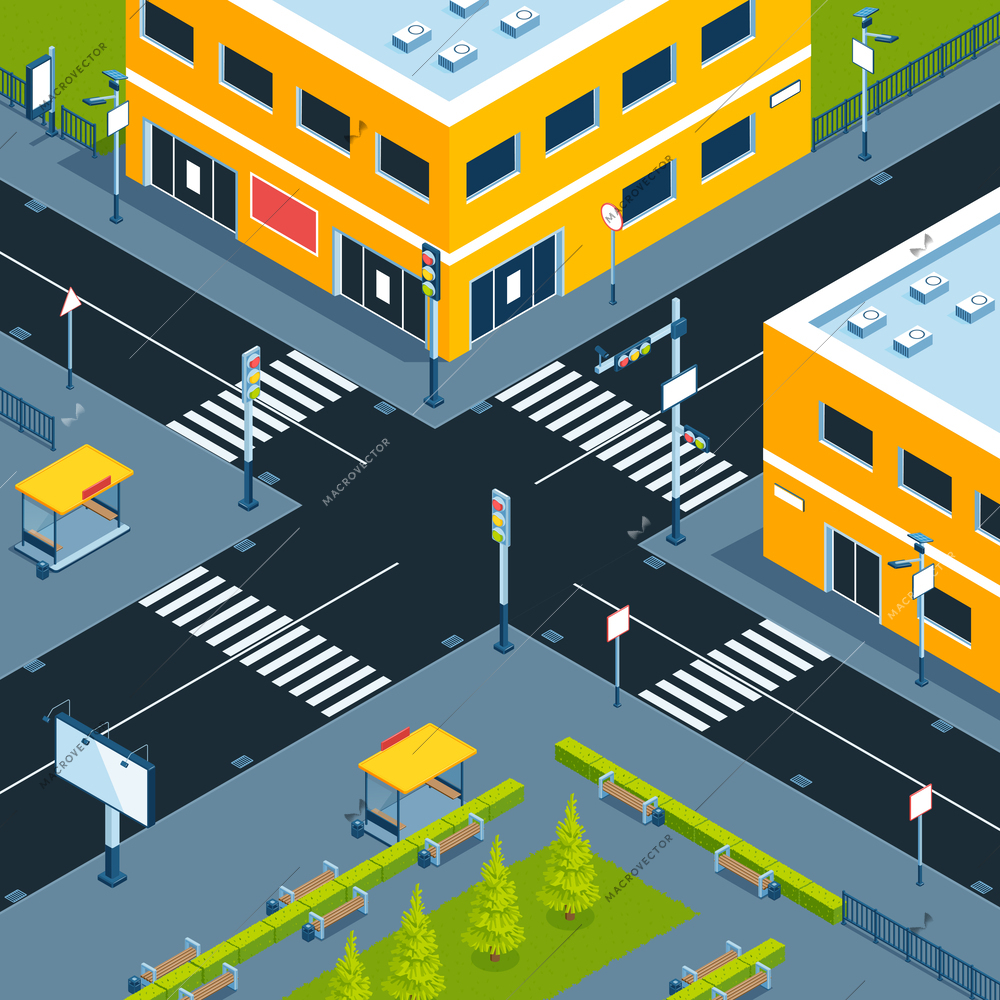 Isometric city composition with empty streets and yellow buildings in a modern city vector illustration