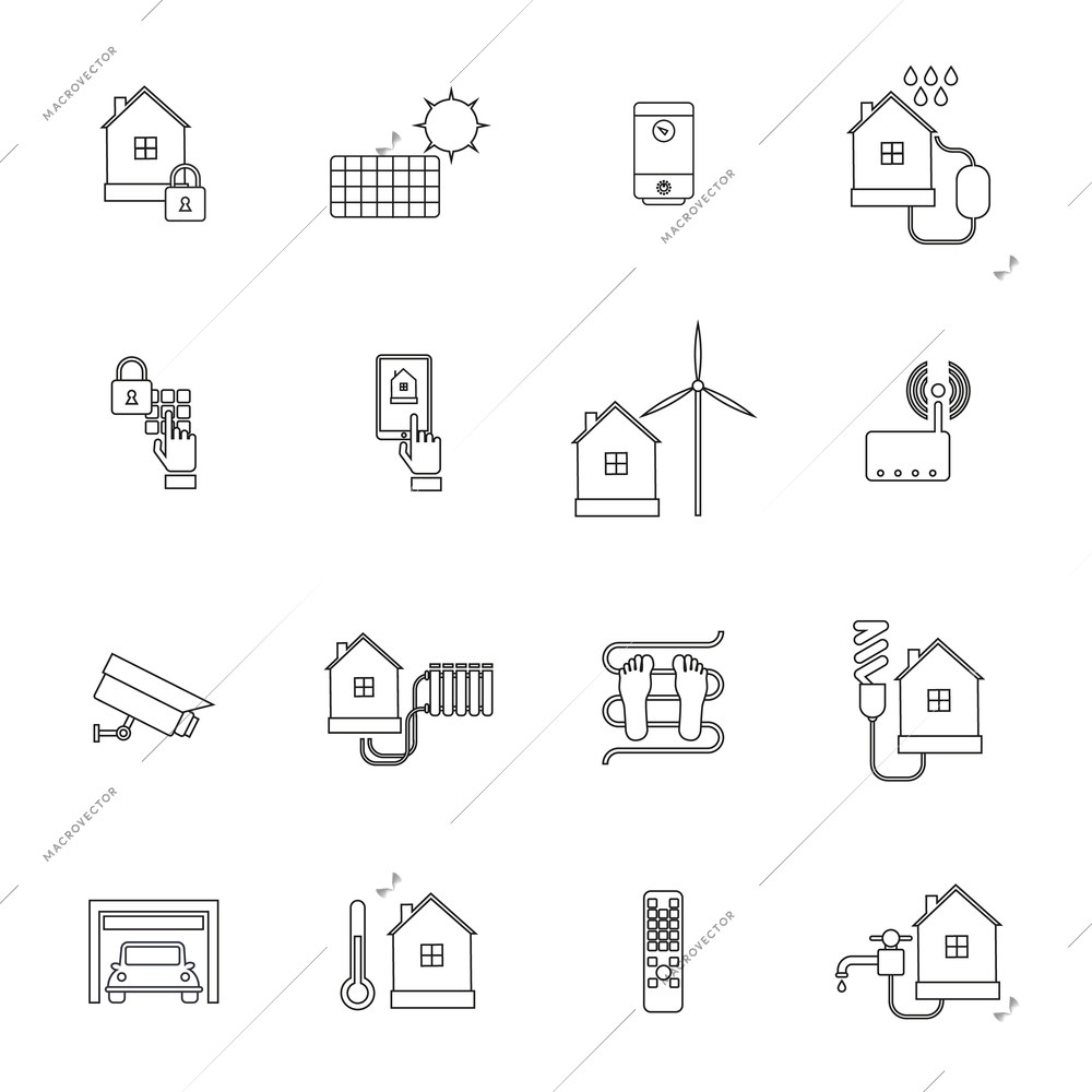 Smart home lock conditioning security system icon outline set isolated vector illustration