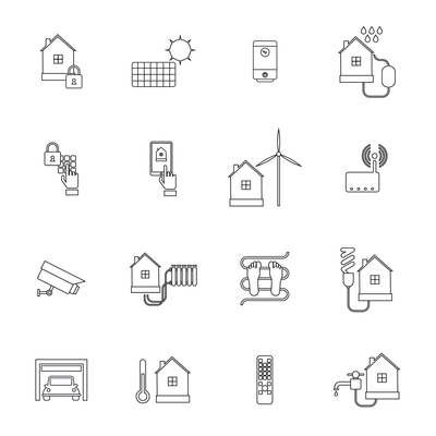 Smart home lock conditioning security system icon outline set isolated vector illustration