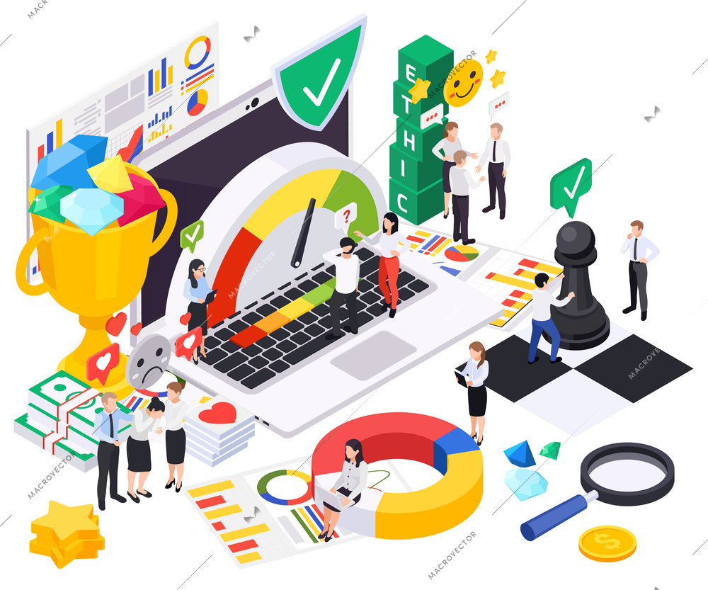 Business ethics isometric composition with set of conceptual icons infographic elements business people and workspace items vector illustration