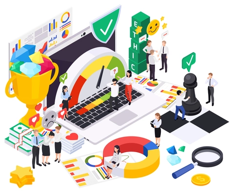 Business ethics isometric composition with set of conceptual icons infographic elements business people and workspace items vector illustration