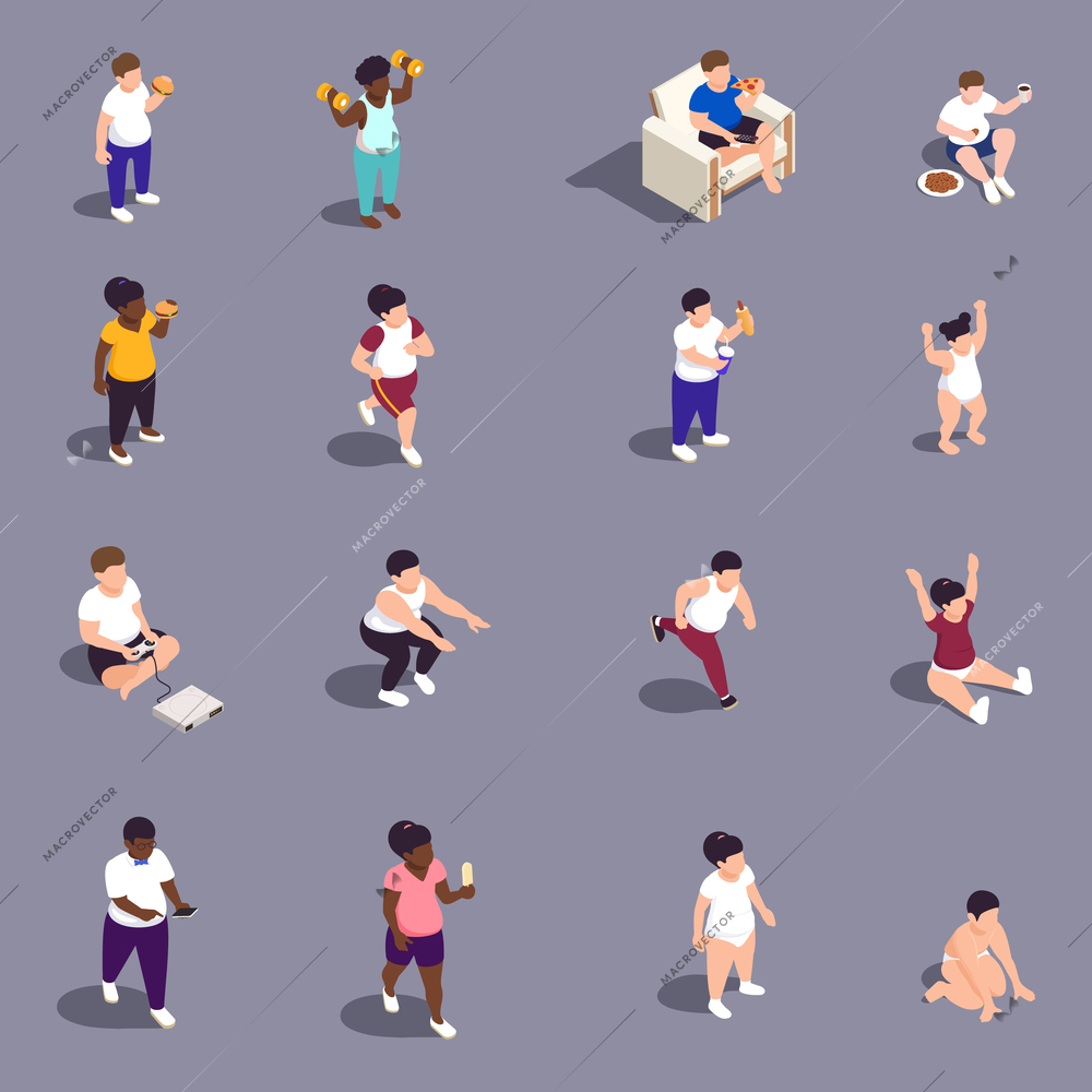 Childhood obesity icons set with healthcare symbols isometric isolated vector illustration