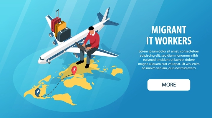 Migrant workers isometric horizontal banner with IT specialist working on laptop plane suitcases 3d vector illustration