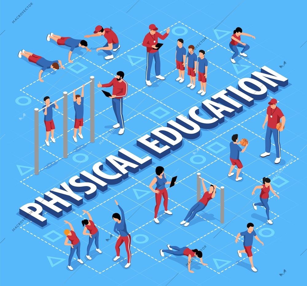 Isometric physical education lesson flowchart with school teachers and children doing exercises playing basketball running 3d vector illustration