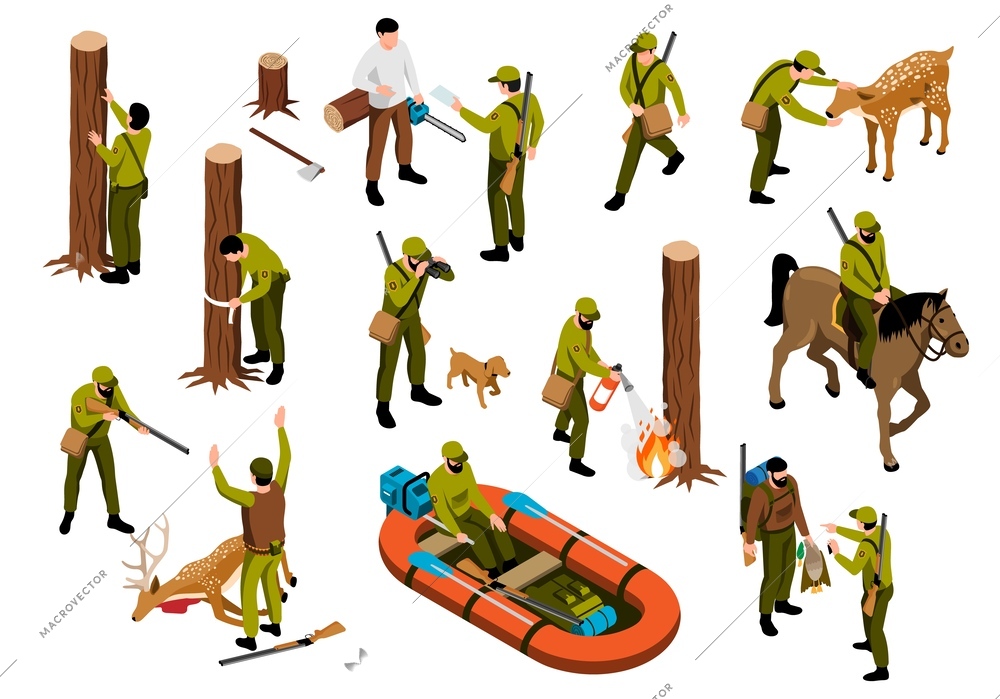 Isometric forester iconse set with fire security and poacher arresting scenes isolated vector illustration