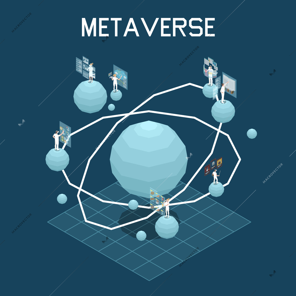 People wearing augmented reality headsets doing various activities in metaverse 3d isometric vector illustration