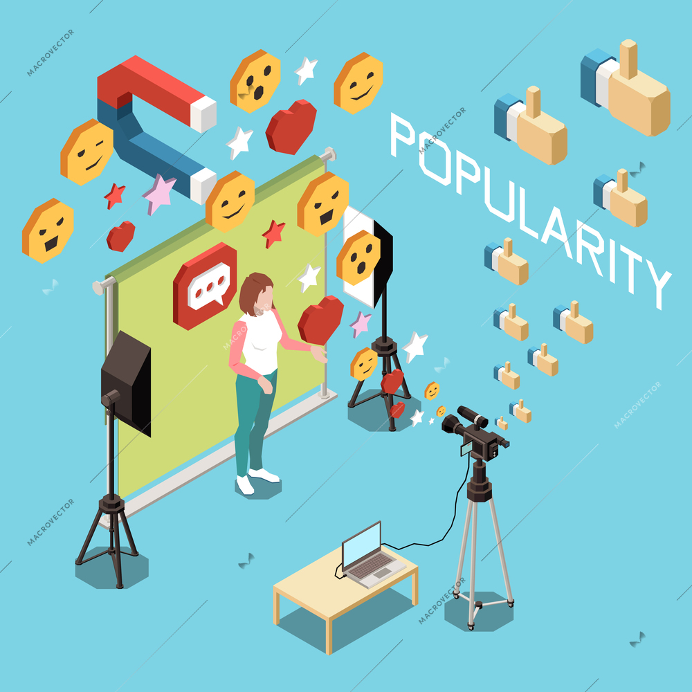 Isometric social media influencer popularity concept with blogger shooting video on camera 3d vector illustration