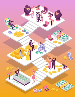 Rich people isometric composition with money and luxury life symbols vector illustration
