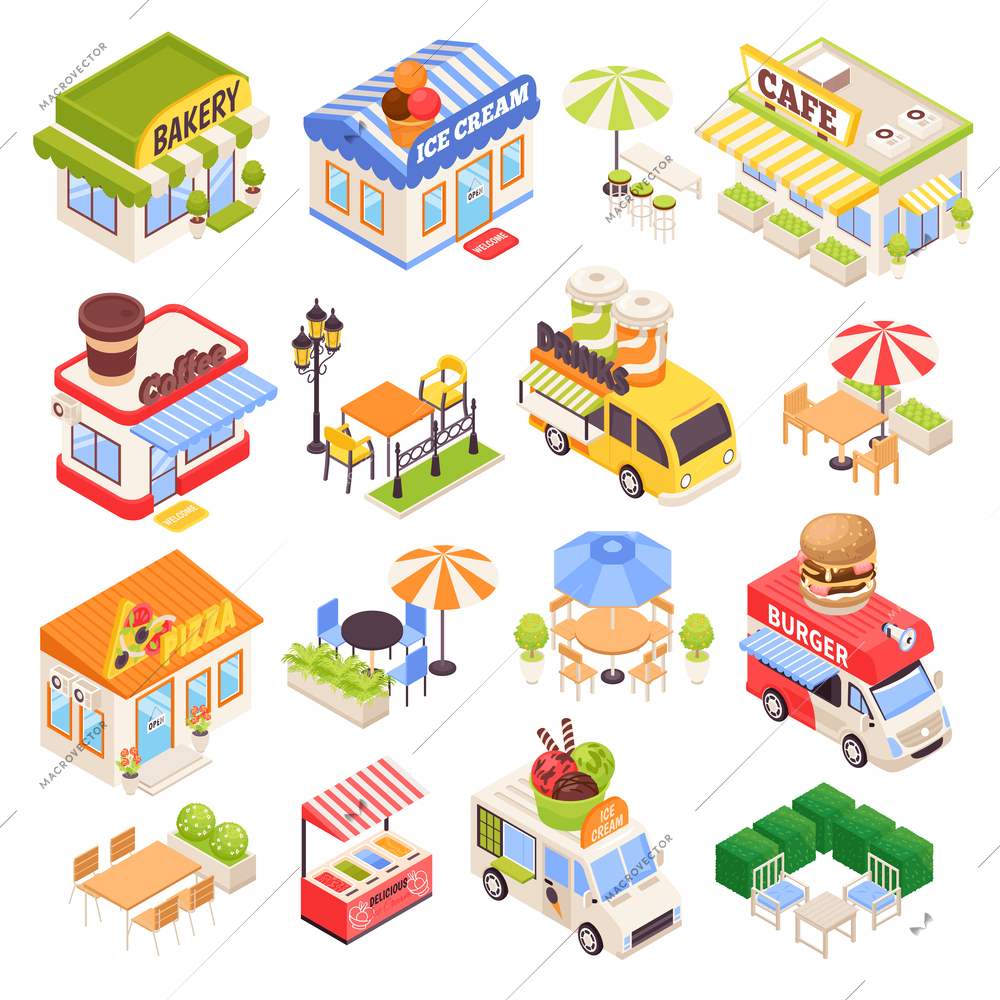 Isometric street food cafe and coffee wagons icons set isolated vector illustration