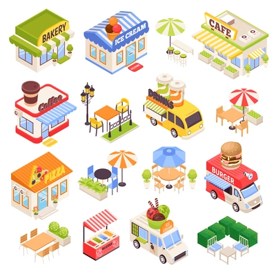 Isometric street food cafe and coffee wagons icons set isolated vector illustration
