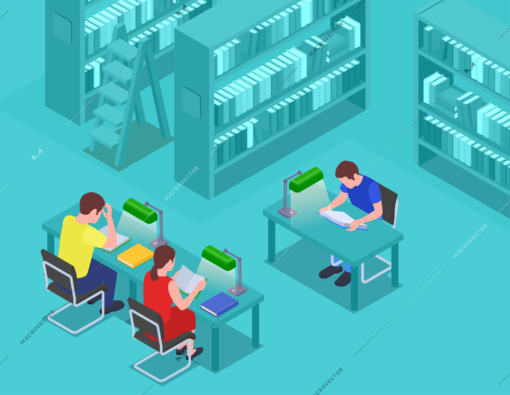 College isometric composition with students in university library vector illustration