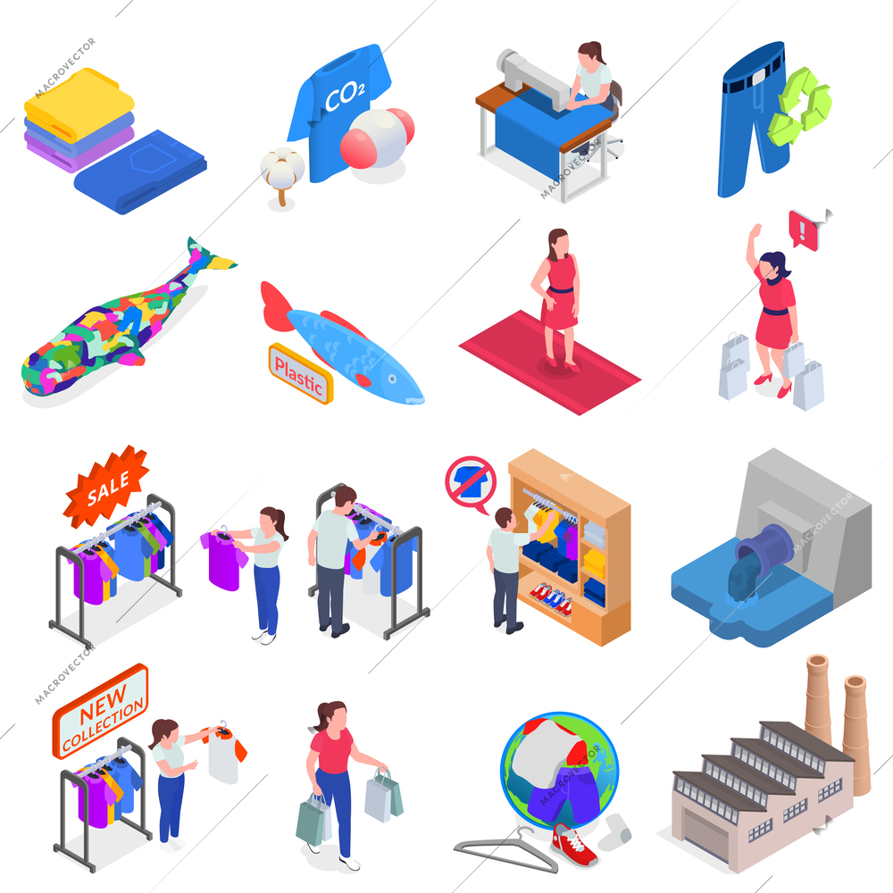 Fast fashion problems isometric set with isolated icons of clothing items people fishes and global pollution vector illustration