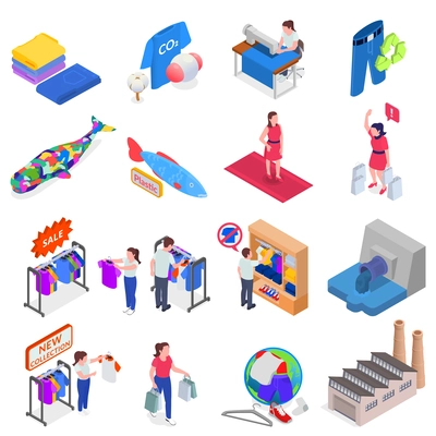 Fast fashion problems isometric set with isolated icons of clothing items people fishes and global pollution vector illustration