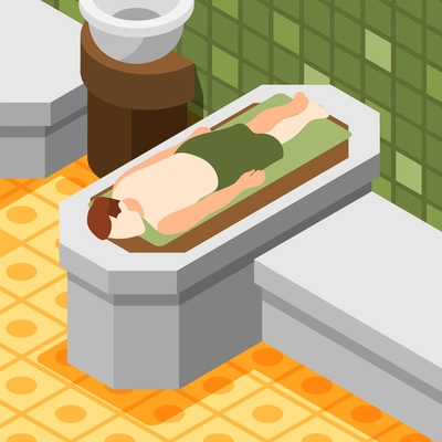 Bathhouse isometric background with male character relaxing in steam room 3d vector illustration