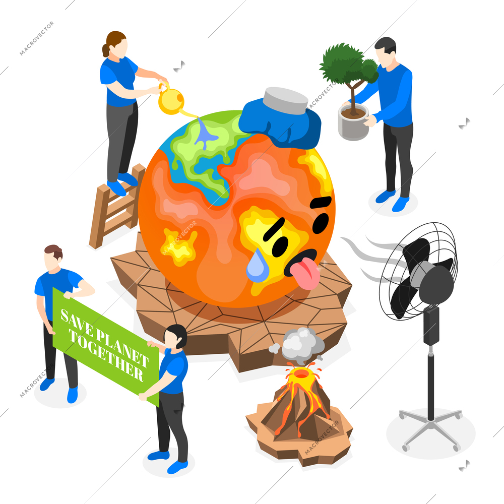 Climate change isometric composition with people protecting overheated globe vector illustration