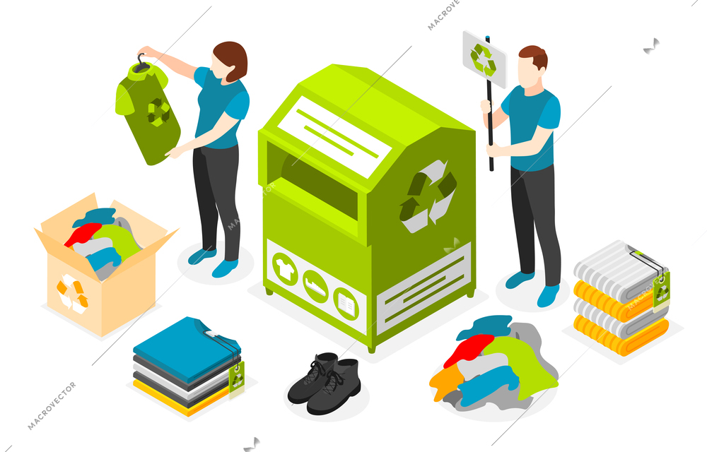 Sustainable fashion isometric composition with cloth recycling container vector illustration