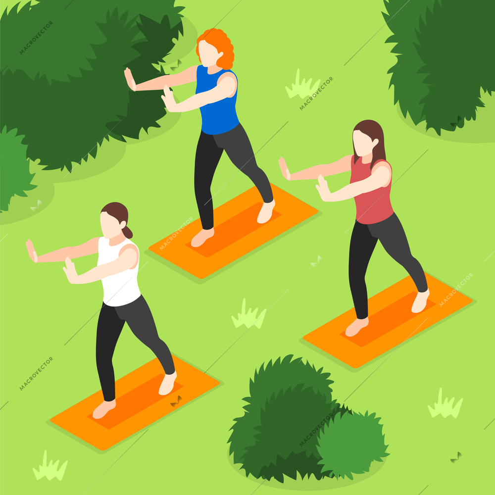 World tai chi and qigong day isometric background with women in yoga poses in park vector illustration