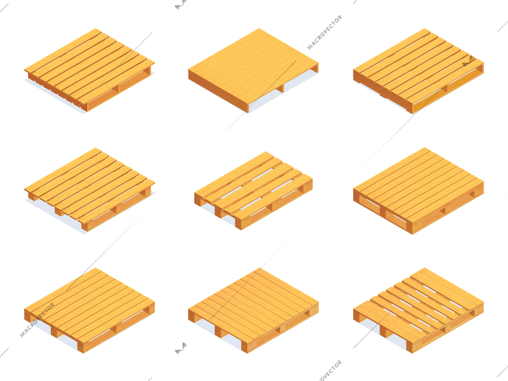 Isometric set of wooden yellow shipping pallet icons isolated vector illustration