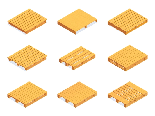 Isometric set of wooden yellow shipping pallet icons isolated vector illustration