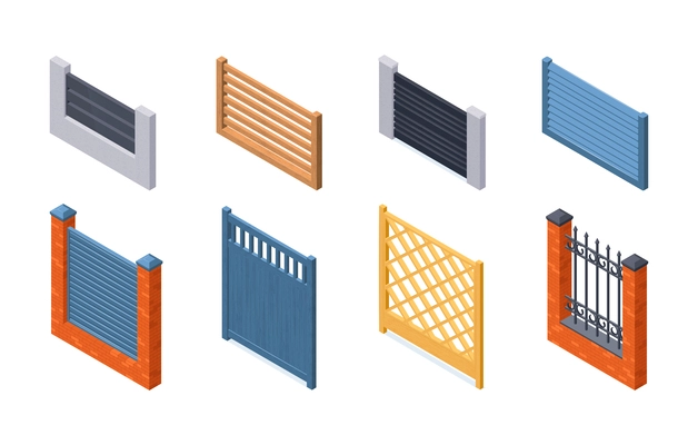 Isometric set of private house gates and fence blocks isolated vector illustration