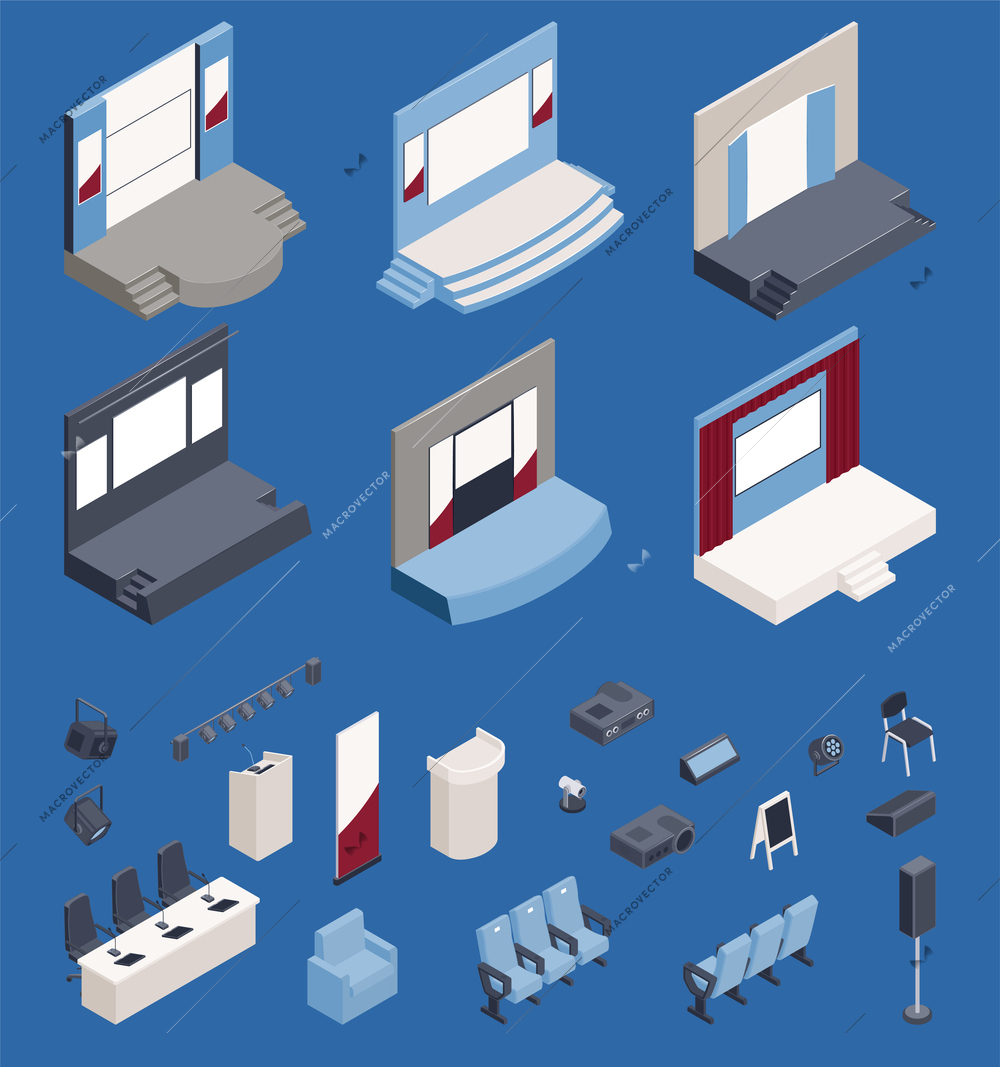 Press conference hall constructor isometric icons set including tribune chairs and presentation equipment isolated vector illustration
