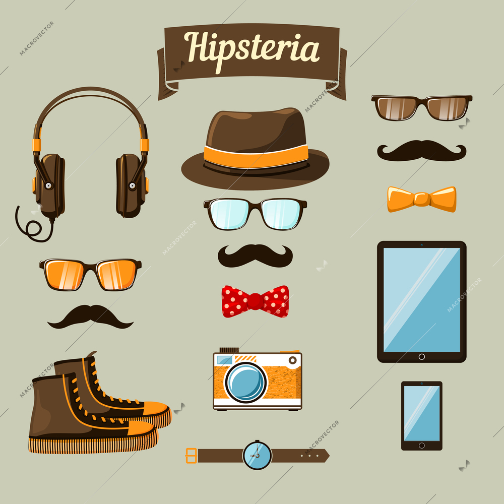 Hipster devices icons set of headphones music player clock and retro camera vector illustration