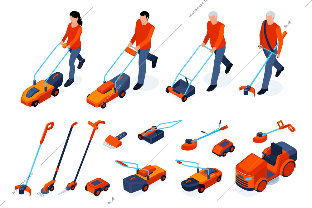 Isometric lawn mover icons set with people working with electric trimmers and lawnmowers isolated vector illustration