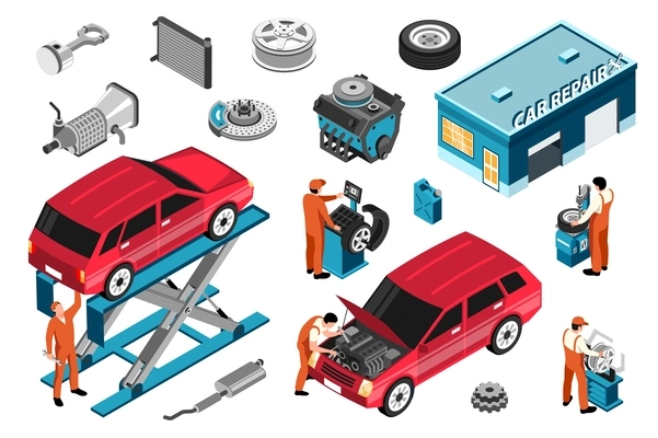 Isometric car repair set with serviceman and automobile spare parts isolated vector illustration