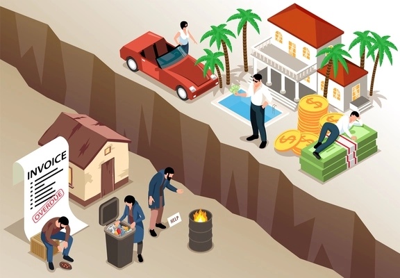 Isometric poverty and wealth comparison with gap between rich and poor people vector illustration