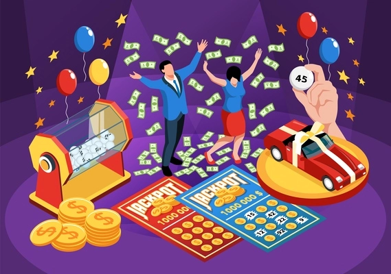 Isometric lottery winning concept with happy woman getting jackpot prizes vector illustration