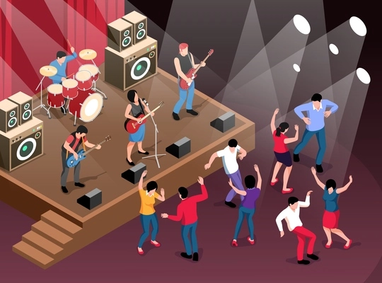 Isometric musicians concept with rock band playing on scene vector illustration