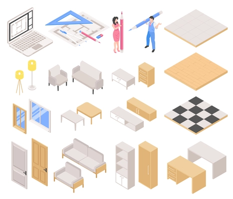 Isometric interior design project icons set with blueprint and furniture items isolated vector illustration