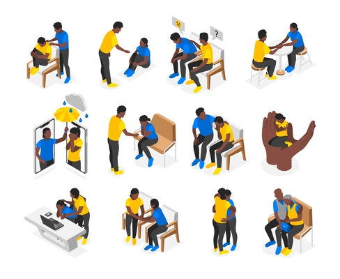 Empathy characters isometric icons set with people in emotional situations isolated vector illustration