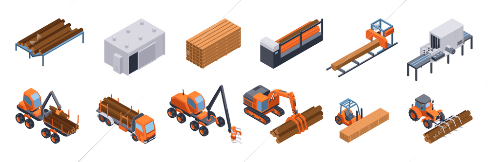 Isometric sawmill industry and labmerjack factory equipment isolated vector illustration