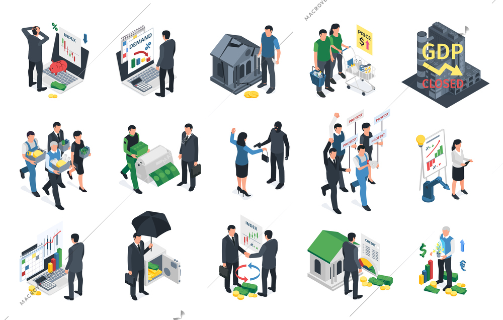 Isometric business crisis icons set with globall recession and economic disaster symbols isolated vector illustration