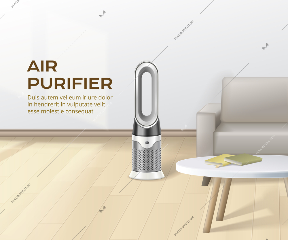 Air purifier realistic poster with editable text and modern appliance in living room for fresh air and dust removing vector illustration