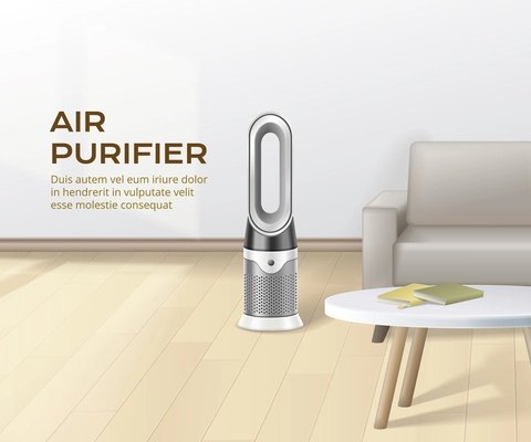 Air purifier realistic poster with editable text and modern appliance in living room for fresh air and dust removing vector illustration