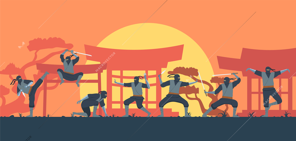 Ninja warriors fighting with weapons on background with japanese torii and sun flat composition vector illustration
