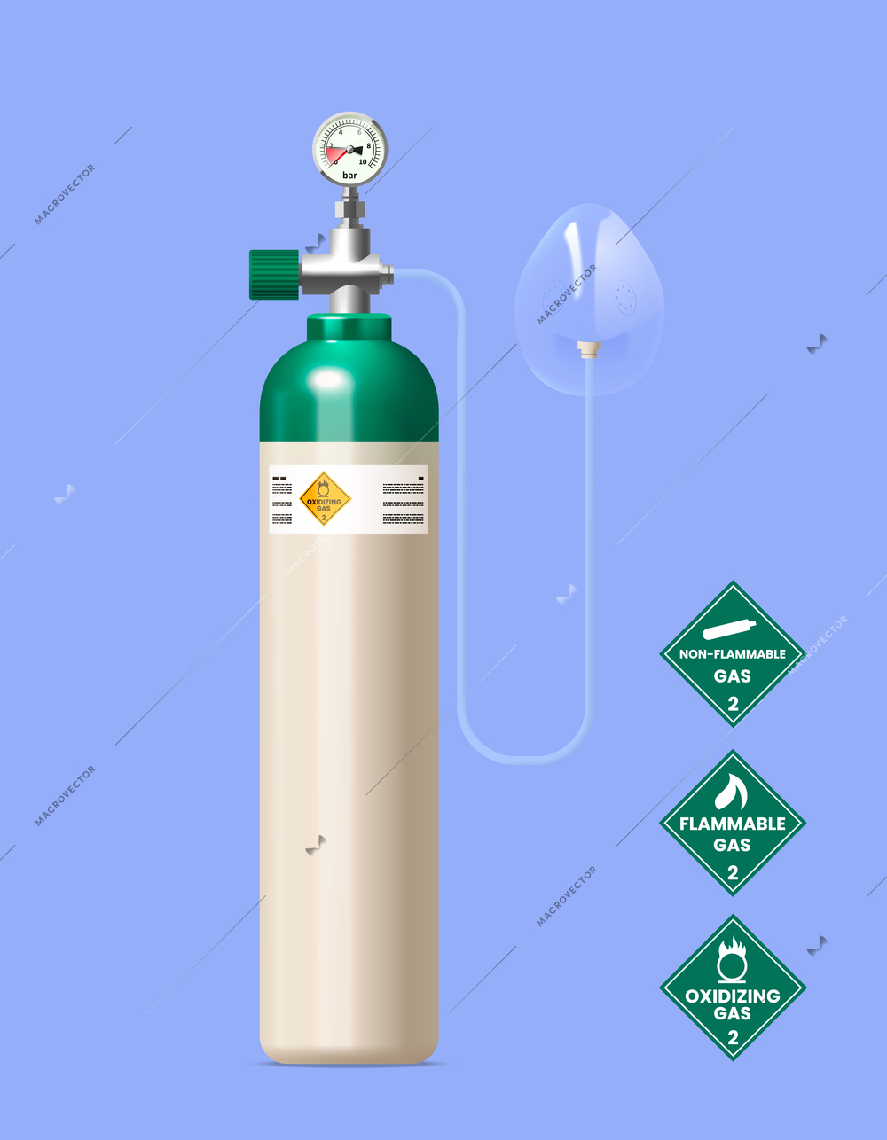 Gas cylinder realistic concept with equipment and safety symbols vector illustration