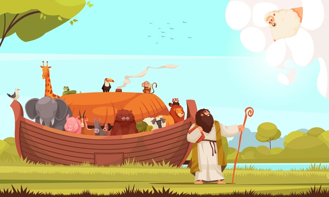 Biblical scene with noah talking with god near ark full of animals flat cartoon vector illustration