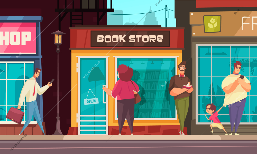 Small business flat composition with city residents walking down street past small shops vector illustration