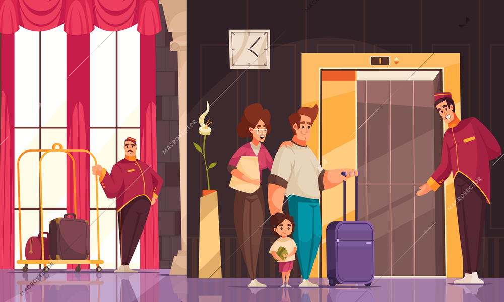 Hotel lobby flat background with staff who friendly welcome family of tourists vector illustration