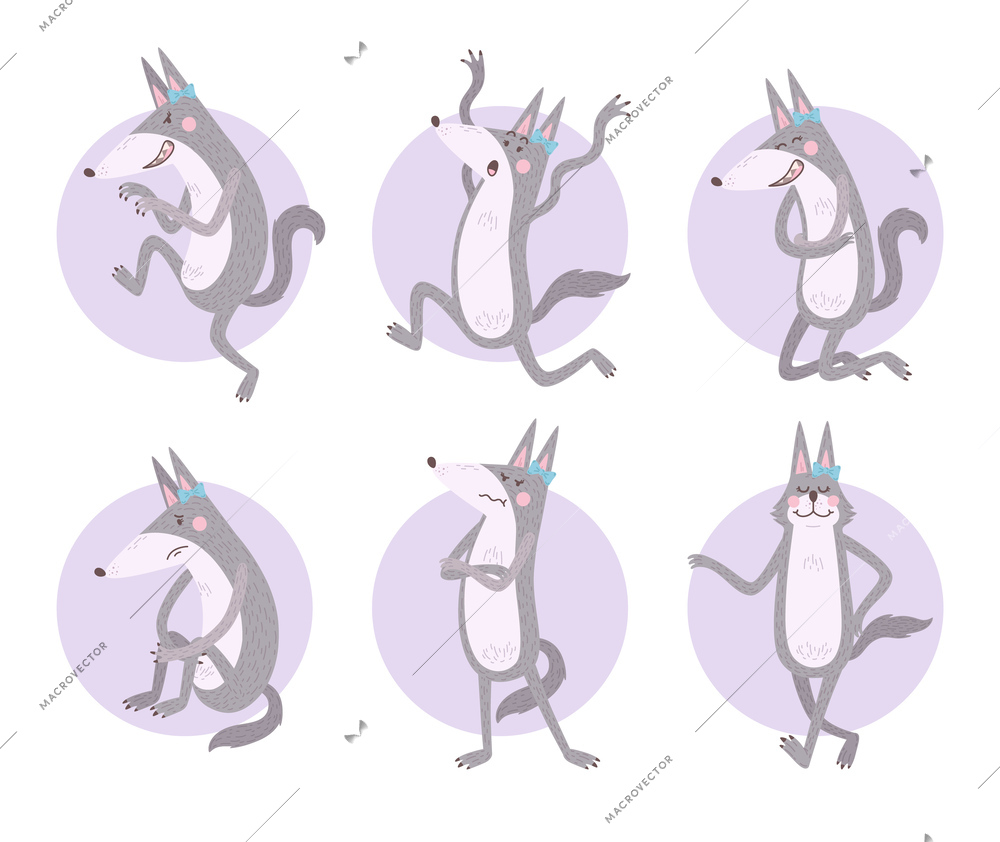 Cartoon character set of happy sad scared sly walking female wolf isolated vector illustration