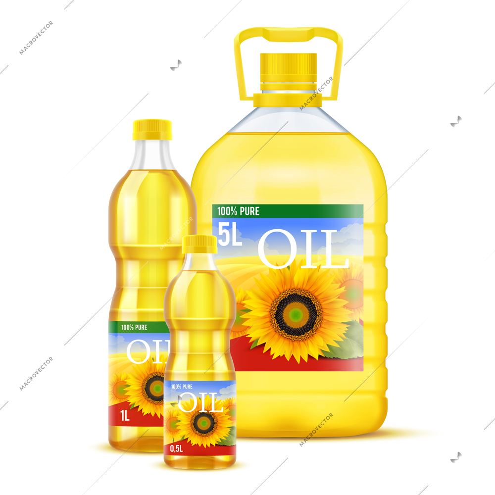 Sunflower oil realistic composition with three plastic bottles of different size vector illustration