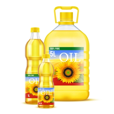 Sunflower oil realistic composition with three plastic bottles of different size vector illustration