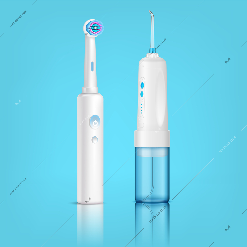 Teeth care realistic composition with isolated electric toothbrush and water flosser on blue glassy background vector illustration